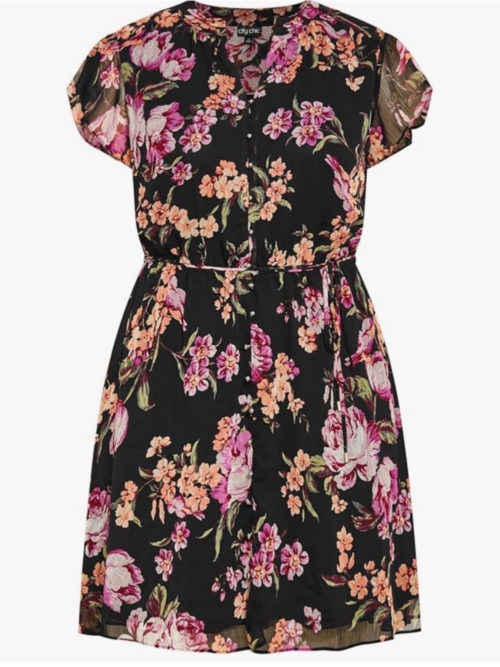 City Chic Black Midi Dress with Pink & Peach Floral Print - Picture 4 of 4